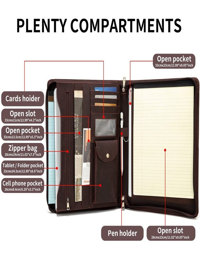 YIWEN Handmade Leather Portfolio, Zippered Padfolio Organizer Case, 8.5 x 11" Notepad Holder and 13" Tablet Folio, Professional Business Travel Gift for Women and Men (Dark Brown, Crazy Horse Leather) - Image 3