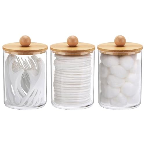 Tbestmax 10 Oz Cotton Swab/Ball/Pad Holder, Qtip Apothecary Jar, Clear Bathroom Containers Dispenser for Storage 3 Pack Wood Lids - Image 1