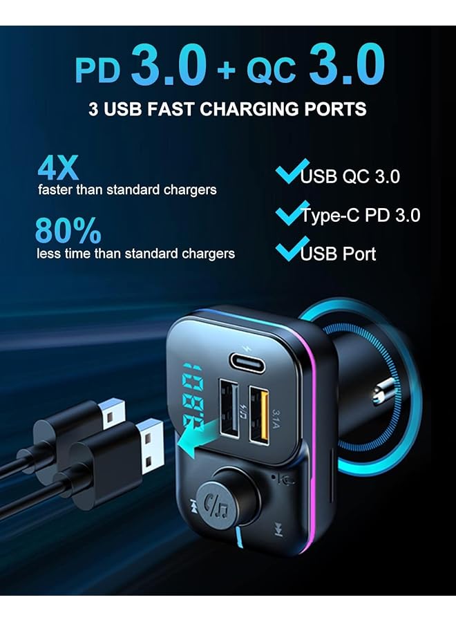 SYOSI Bluetooth Car Adapter, Fm Bluetooth Transmitter Car Radio, Car Bluetooth Transmitter Pd + Qc Quick Charge, 8 Rgb Led, 3 Usb Ports, Handsfree Calls, Bluetooth 5.0, Supports Tf Card And U-Disk - Image 5