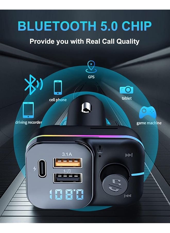 SYOSI Bluetooth Car Adapter, Fm Bluetooth Transmitter Car Radio, Car Bluetooth Transmitter Pd + Qc Quick Charge, 8 Rgb Led, 3 Usb Ports, Handsfree Calls, Bluetooth 5.0, Supports Tf Card And U-Disk - Image 2