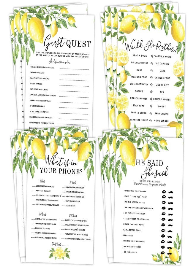 Your Main Event Prints Lemon Bridal Shower Bachelorette Games - Floral He Said She Said, Find The Guest, Would She Rather, What's in Your Phone - 25 Games Each, 1 Game Per Side - Image 1