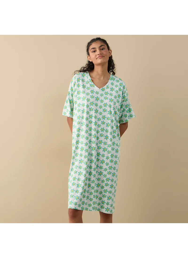 FAV Floral Print Sleepshirt with V-neck
