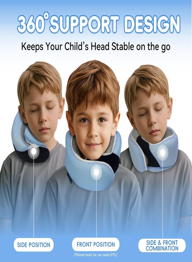 Proglobe Junior Kids Travel Neck Pillow - Ergonomic Memory Foam Pillow for Airplane, Car, Booster Seat - Soft, Washable, Compact Travel Pillow with Strap - Light Blue - Ages 4-13 - Image 3