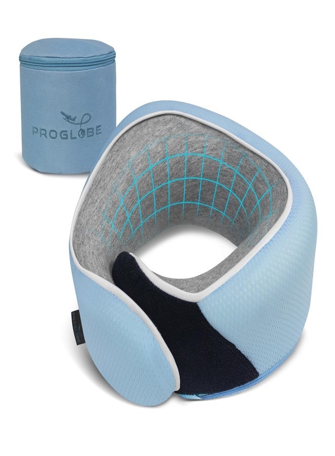 Proglobe Junior Kids Travel Neck Pillow - Ergonomic Memory Foam Pillow for Airplane, Car, Booster Seat - Soft, Washable, Compact Travel Pillow with Strap - Light Blue - Ages 4-13 - Image 1