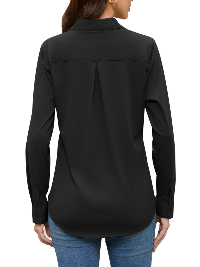 COUXILY Womens Black Button Down Dress Shirt Women Long Sleeve Silk Blouse for Shirts Up Dressy Slim Fit Collar Formal Blouses Dresses Tops Collared Fitted Top Casual Solid Work Black Size S - Image 5
