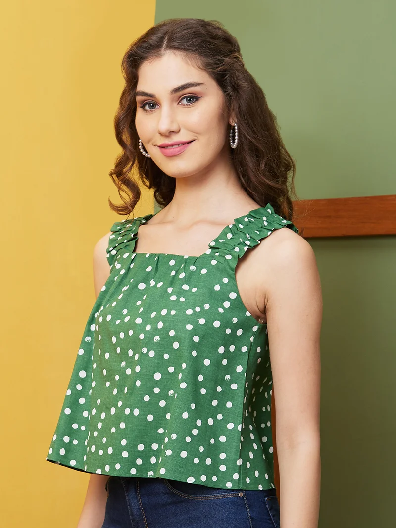 globus  Women Green Polka Dot Print Square Neck Sleeveless Cotton Regular Top for Women | Best Price UAE