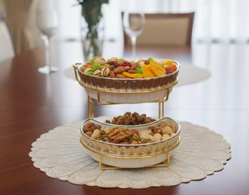 Generic 2-Tier Ceramic Serving Dish Set with Gold Stand, Acrylic Lids with Crystal Handles, Multi-Purpose for Fruits, Desserts, .db - Image 2
