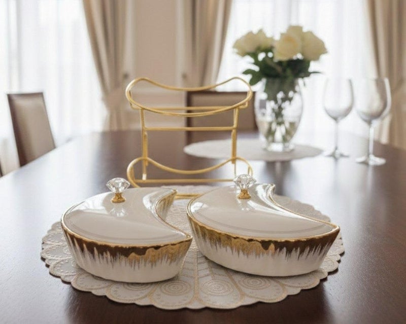 Generic 2-Tier Ceramic Serving Dish Set with Gold Stand, Acrylic Lids with Crystal Handles, Multi-Purpose for Fruits, Desserts, .db - Image 4