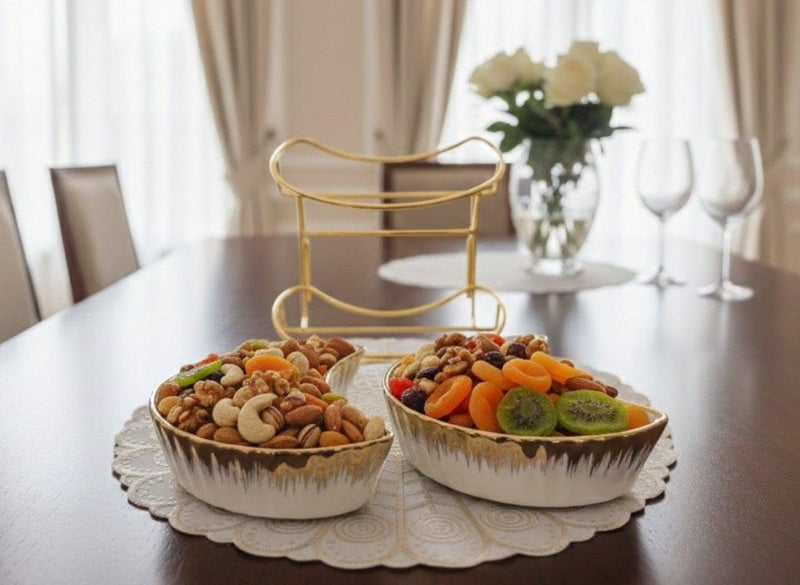 Generic 2-Tier Ceramic Serving Dish Set with Gold Stand, Acrylic Lids with Crystal Handles, Multi-Purpose for Fruits, Desserts, .db - Image 3