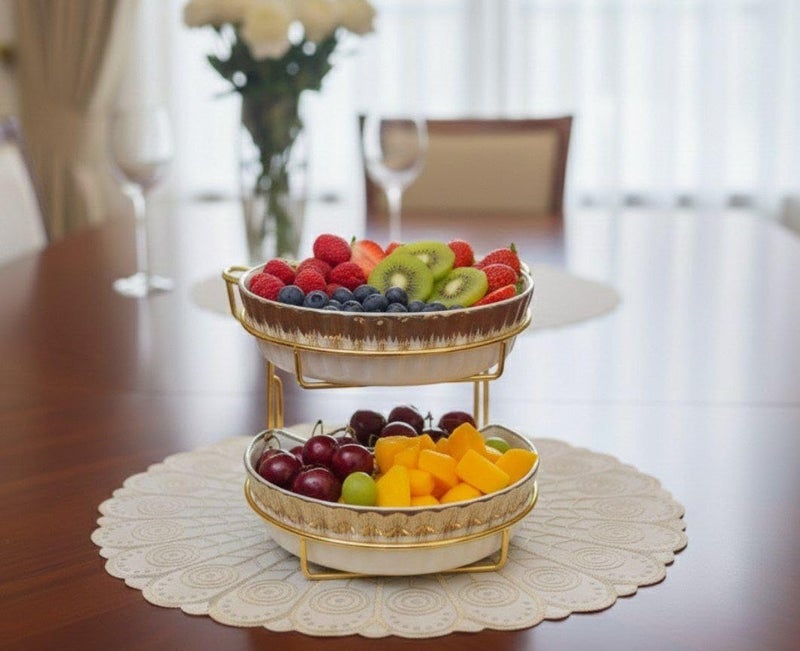 Generic 2-Tier Ceramic Serving Dish Set with Gold Stand, Acrylic Lids with Crystal Handles, Multi-Purpose for Fruits, Desserts, .db - Image 1