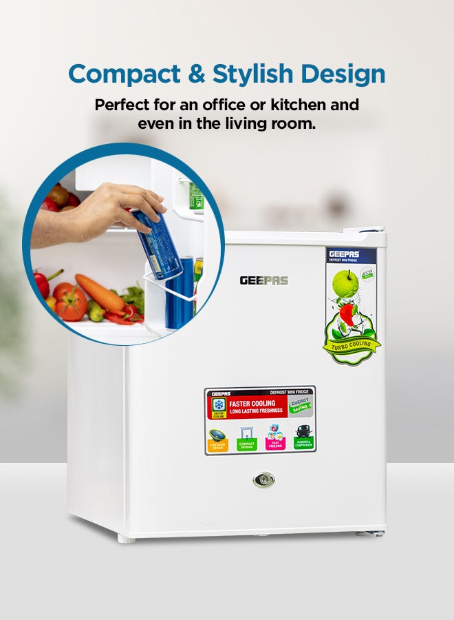 GEEPAS Defrost Mini Fridge With Door Lock and Key, Low Noise Design, Compact, Powerful Compressor, Energy Saving, Fast Freezing, Adjustable Thermostat 46 L GRF654WPEN White - Image 3