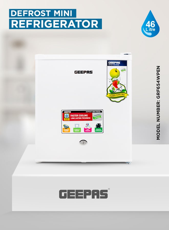 GEEPAS Defrost Mini Fridge With Door Lock and Key, Low Noise Design, Compact, Powerful Compressor, Energy Saving, Fast Freezing, Adjustable Thermostat 46 L GRF654WPEN White - Image 1