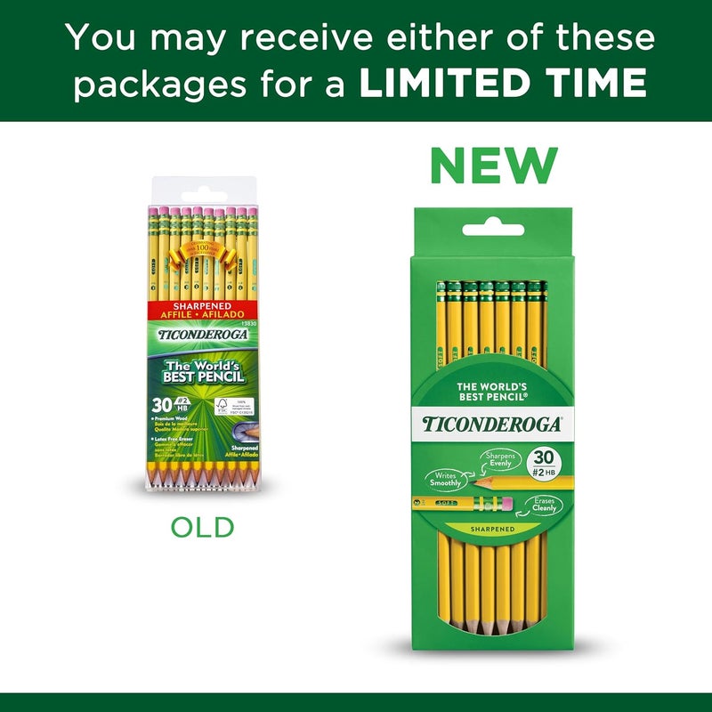 Ticonderoga PENCILS, Wood-Cased #2 HB Soft, Pre-Sharpened with Eraser, Yellow, Six 30ct Packs/180 Count Total (X13830) - Image 3