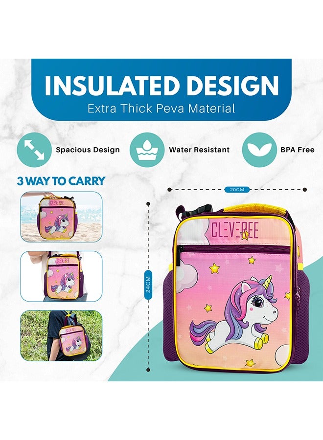 CLEVEREE Juniors Kids Insulated Leakproof Lunch Bag with Adjustable Shoulder Strap Pinky Unicorn  - Image 2