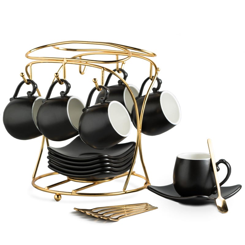 LYEOBOH Espresso Cups with Saucers Set 3 Ounces Porcelain Coffee Cups with Metal Stand and Spoons Cappuccino Cups Cute Demitasse Cups for Coffee Drinks Latte Tea Set of 6 Black