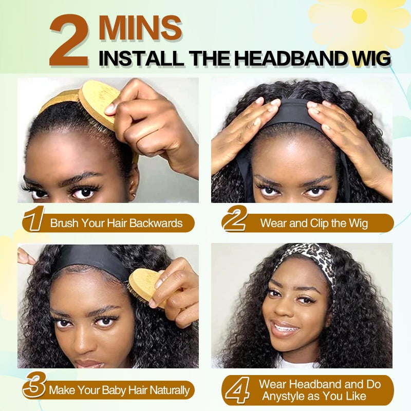 Aisaide Kinky Headband Wig 12 Inch Deep Curly Headband Wigs for Black Women Glueless No Lace Deep Curly Half Hair Wigs Dark Almond Brown - Image 5