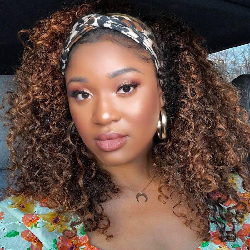 Aisaide Kinky Headband Wig 12 Inch Deep Curly Headband Wigs for Black Women Glueless No Lace Deep Curly Half Hair Wigs Dark Almond Brown - Image 1