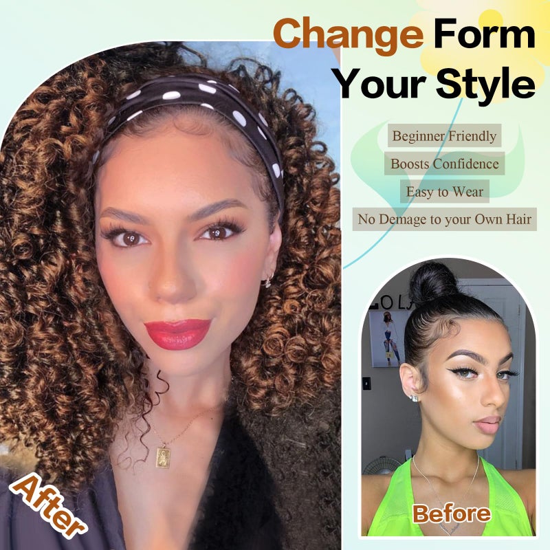 Aisaide Kinky Headband Wig 12 Inch Deep Curly Headband Wigs for Black Women Glueless No Lace Deep Curly Half Hair Wigs Dark Almond Brown - Image 3