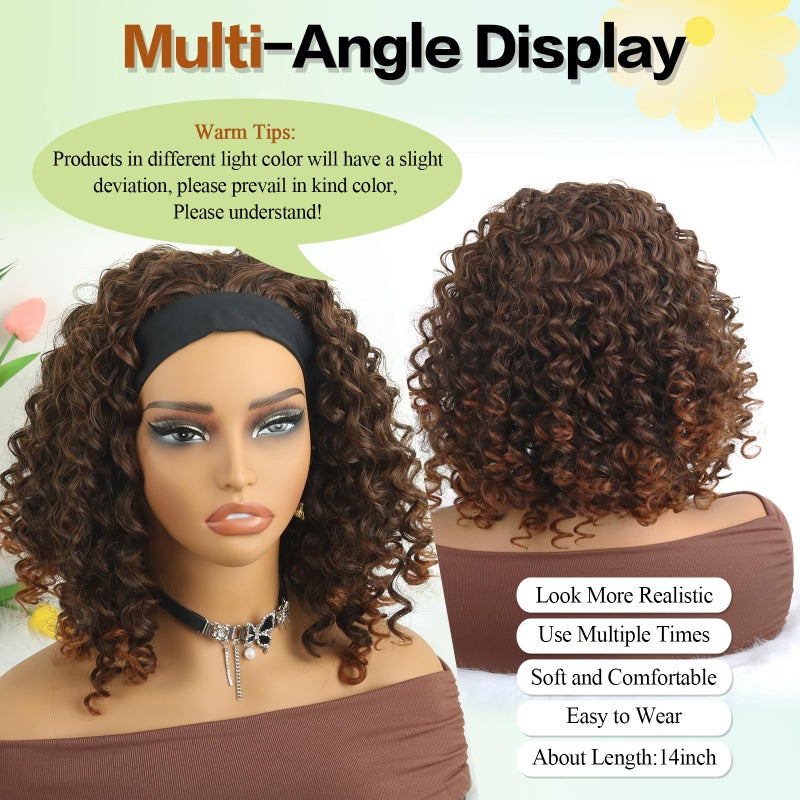 Aisaide Kinky Headband Wig 12 Inch Deep Curly Headband Wigs for Black Women Glueless No Lace Deep Curly Half Hair Wigs Dark Almond Brown - Image 2