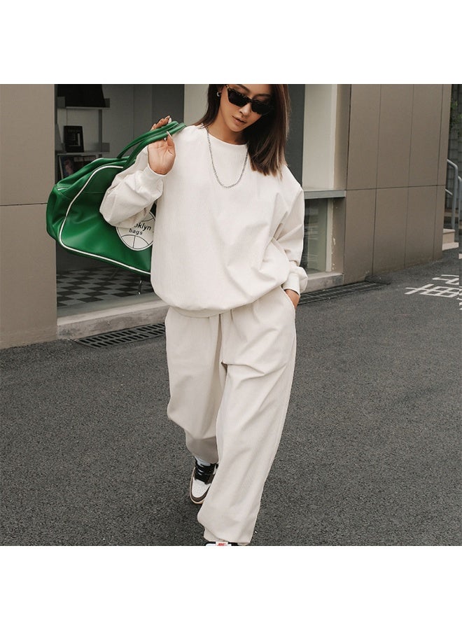 NIBEMINENT Women's Sports Suits Fashion Loose Pocket Autumn Fall  O Neck Long Sleeve T-shirt Female Small Foot Long Pants 2 Piece Sets - Image 3