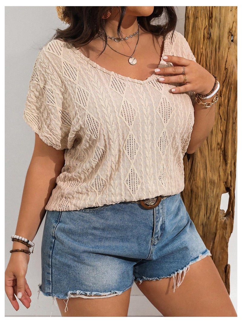 OYOANGLE Women's Plus Size Boho Crochet Lace Short Sleeve Blouse V Neck Summer Tee Tops Apricot 3X-Large Plus - Image 3