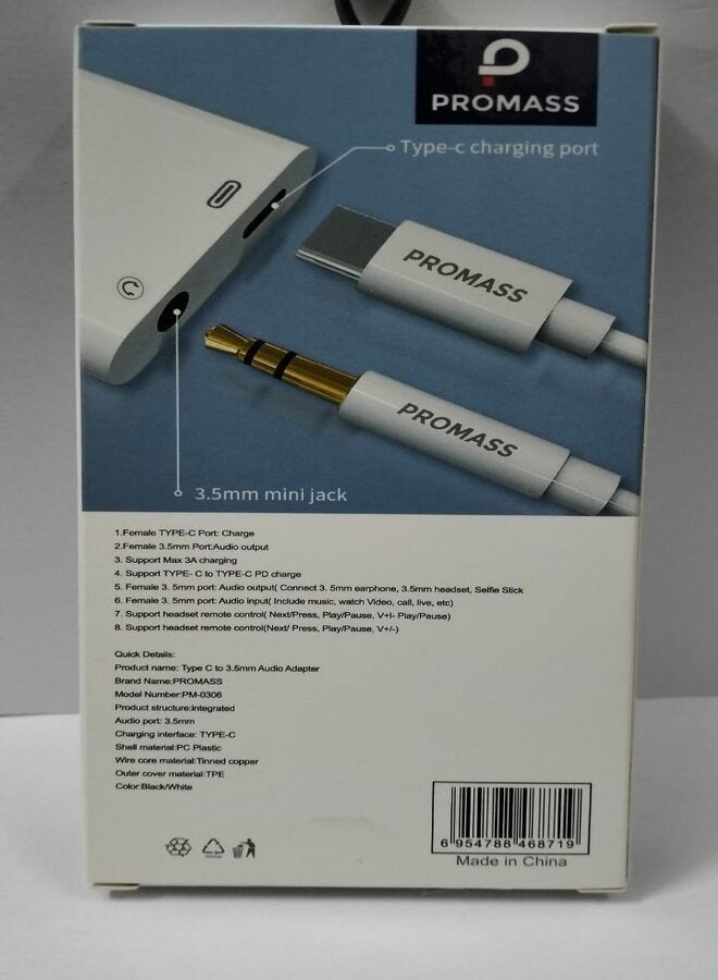 PROMASS Type-C To 3.5mm Headphone Adapter White.  - Image 3