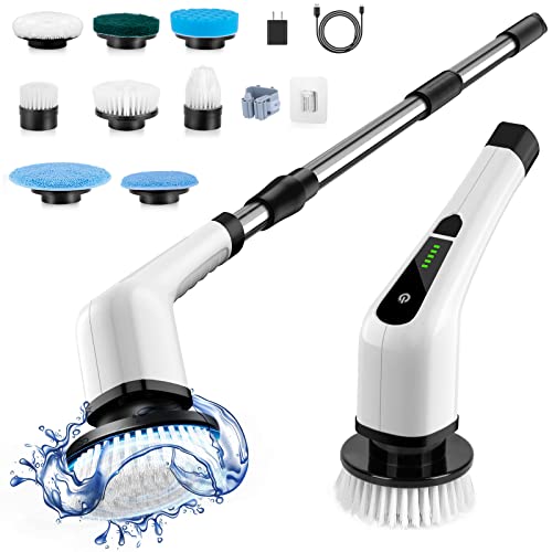 Bomves Electric Spin Scrubber Cordless Cleaning Brush Scrubber for Home 8 Replaceable Brush Heads90Mins Work Time 3 Adjustable Size 2 Speeds for Bathroom Shower Bathtub Glass Car