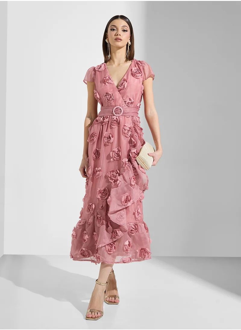Just Me 3D Rosette Chiffon Ruffle Slv Maxi Dress