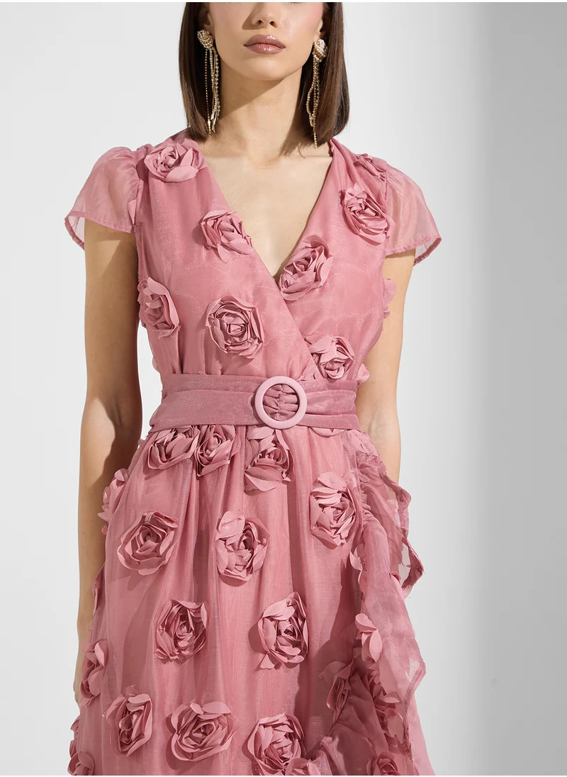 Just Me 3D Rosette Chiffon Ruffle Slv Maxi Dress
