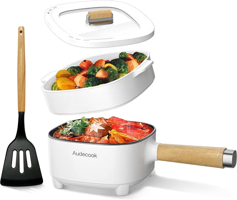 Audecook Electric Hot Pot, Cermic Glaze Non-Stick Frying Pan, Portable Travel Multicooker for Ramen, Steak, Egg, Fried Rice, Oatmeal, Soup, 350W/800W (E(WHITE/2L With Steamer)) - Image 1