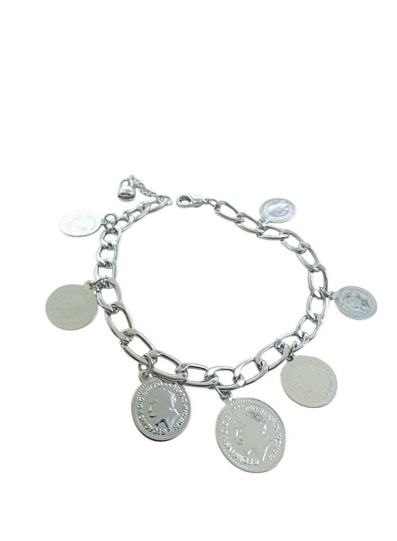 Silver chain bracelet with coin charm, link chain style, lobster clasp - Image 1