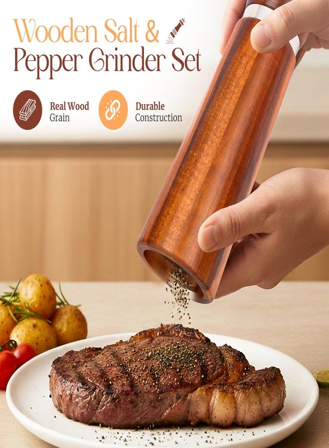 Besti Wooden Salt and Pepper Grinder Set with Tray - 7-inch Manual Grinders for Himalayan Salt, Pepper, Chili, Seasonings - Reusable Pepper & Salt Mill - Elegant Kitchen & Dining Table Gift – Acacia - Image 2