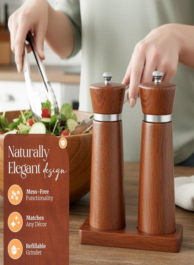 Besti Wooden Salt and Pepper Grinder Set with Tray - 7-inch Manual Grinders for Himalayan Salt, Pepper, Chili, Seasonings - Reusable Pepper & Salt Mill - Elegant Kitchen & Dining Table Gift – Acacia - Image 4