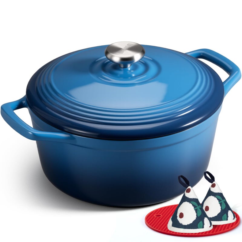 Overmont Enameled Cast Iron Dutch Oven - 5.5QT Pot with Wide Handles Lid Cookbook & Cotton Potholders - Heavy-Duty Pre-Seasoned Cookware Oven Safe to 500Â°F for Braising, Stews, Roasting, Bread Baking - Image 1