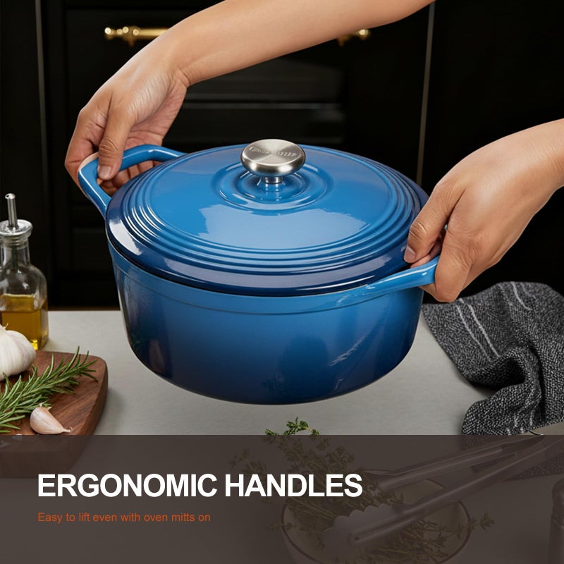 Overmont Enameled Cast Iron Dutch Oven - 5.5QT Pot with Wide Handles Lid Cookbook & Cotton Potholders - Heavy-Duty Pre-Seasoned Cookware Oven Safe to 500Â°F for Braising, Stews, Roasting, Bread Baking - Image 2
