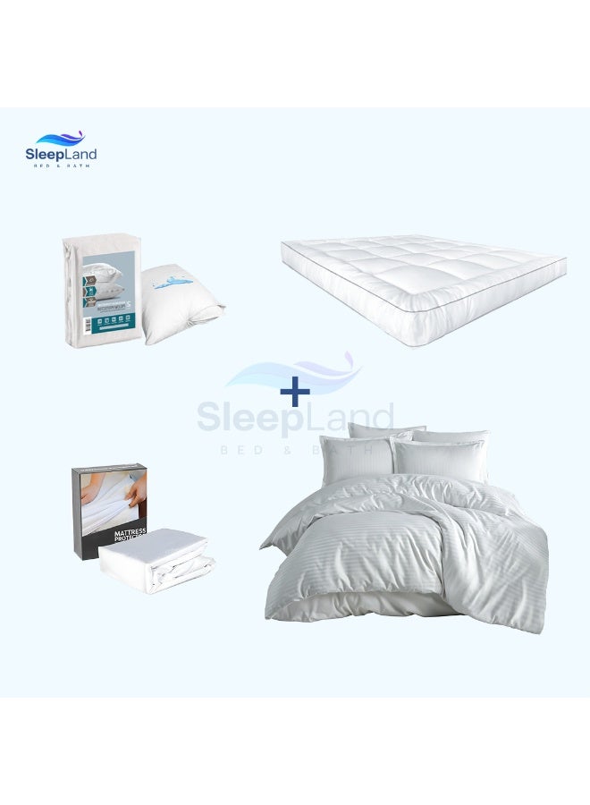 سليب لاند بكج ( لباد فندقي مقاس 200×120 سم ارتفاع 14 سم + واقي مرتبة مقاس 200×120 سم + طقم واقي مخدة + مفرش فندقي لون ابيض مقاس 200×1400سم ) - Image 1
