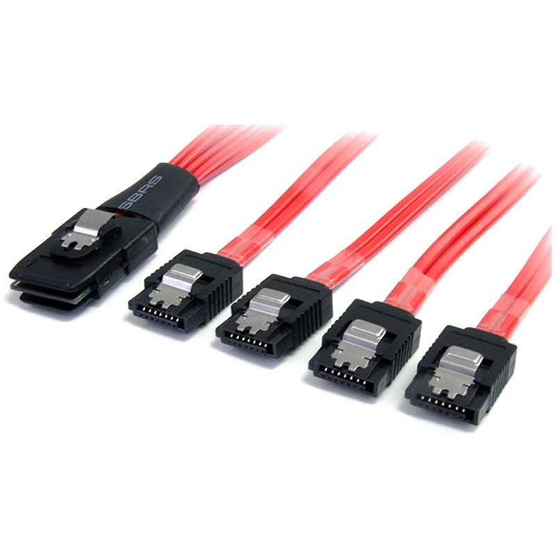 StarTech.com 50cm Serial Attached SCSI SAS Cable - SFF-8087 Plug to 4x Latching SATA (female) - Mini SAS to SATA Cable (SAS8087S450), Red - Image 1