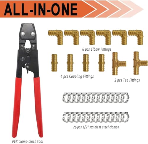 TT FLEX TTFLEX PEX Clamp Tool Kit with 26 PCS 1/2" Cinch Clamp Rings, PEX Crimping Tool Kit with 12 PCS 1/2" Brass Tee Elbow Coupling Pipe Fittings - Image 4