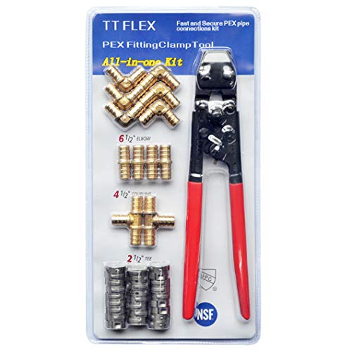TT FLEX TTFLEX PEX Clamp Tool Kit with 26 PCS 1/2" Cinch Clamp Rings, PEX Crimping Tool Kit with 12 PCS 1/2" Brass Tee Elbow Coupling Pipe Fittings - Image 1