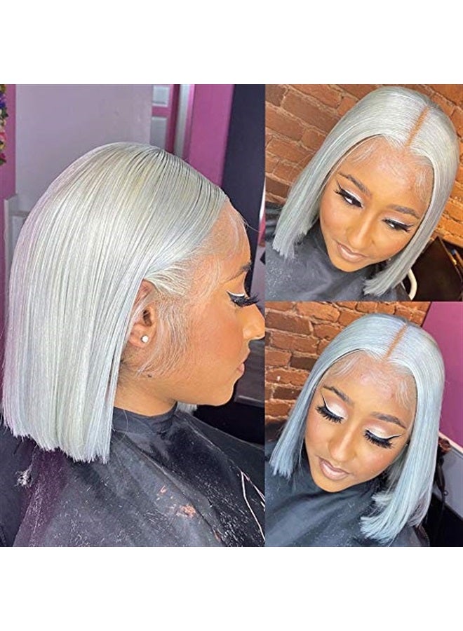 Grey Bob Wigs Human Hair T Part Lace Front Wigs 13x1x4 Middle Part Brazilian Remy Hair Straight for Women 8 Inch Pre Plucked Natural Hairline 180% Density Grey Frontal Short Bob Wigs
