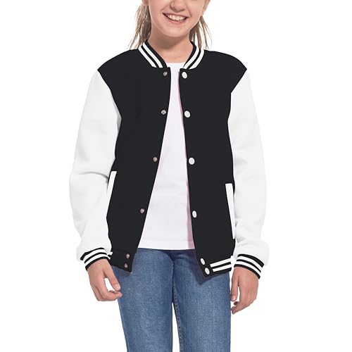 Mowbeat Kids Baseball Jacket Girls Bomber Jackets Boys Varsity Coats Top for Girl Sports Track Outerwear (BLACK, 9-10Years) - Image 1