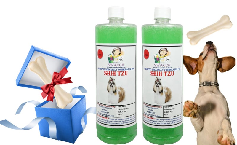 swacch Shampoo | Puppy Safe Shampoo | Shih Tzu Dog Shampoo (1 Litre) (Pack of 2) Neem Alovera + Medium White Bone | Dog Chew Bones | Teething chew Toy | Dental Teething |Combo Pack - Image 1