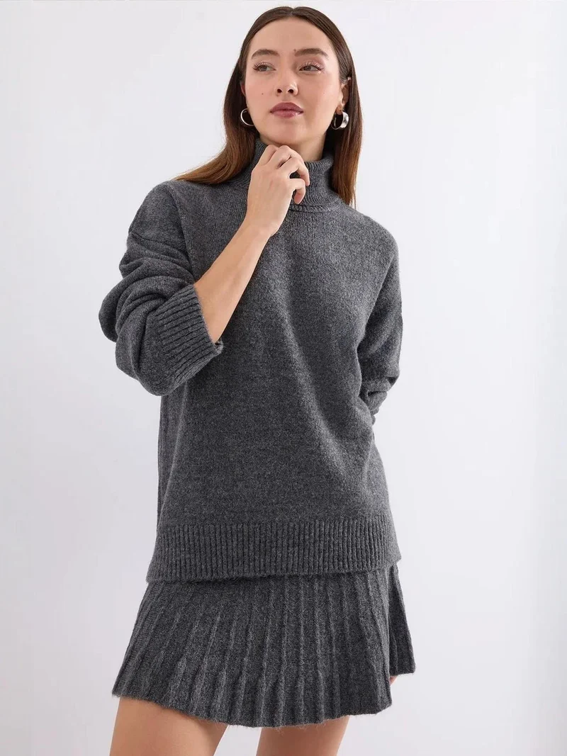 Big Dart Charcoal Grey BDART Textured Oversized Turtleneck Knit Co-Ord Set for Women | Best Price UAE