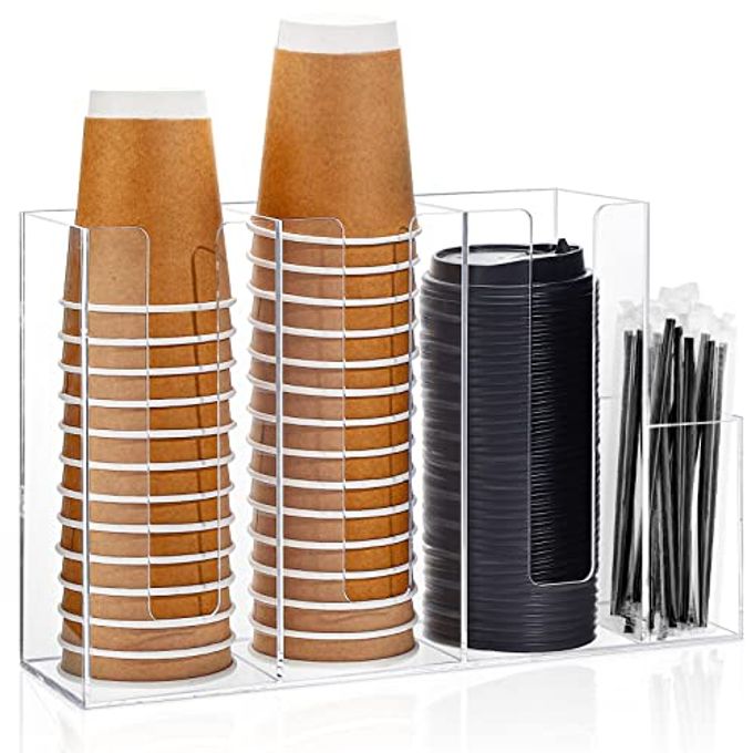 Cunhill 4 Compartments Acrylic Coffee Cup and Lid Storage Organizer Holder Disposable Paper Cup Dispenser Organizer Plastic Lid Holder Accessories for Kitchen Bar Shop Party Supplies(Transparent)