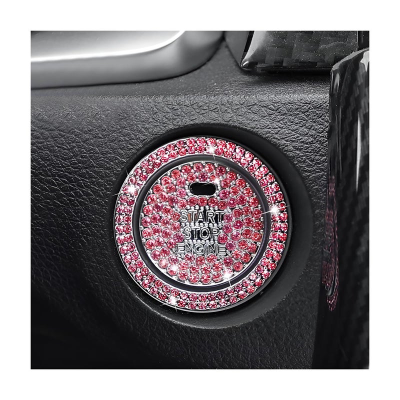 BELOMI 2 Pcs Bling Car Engine Start Stop Button Decorative Ring, Crystal Rhinestone Push Start Button Protective Decal, Bling Car Accessories for Wowen (with Hole/Pink) - Image 1