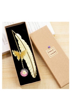 ECVV ECVV Metal Feather Bookmarks with 3D Butterfly and Dried Flower Pendant Gold Retro Book Page Markers Leaf Book Marks Gift for Book Lovers Teachers  - Image 1
