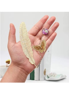 ECVV ECVV Metal Feather Bookmarks with 3D Butterfly and Dried Flower Pendant Gold Retro Book Page Markers Leaf Book Marks Gift for Book Lovers Teachers  - Image 2