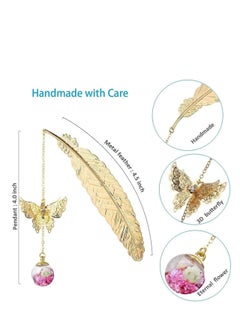 ECVV ECVV Metal Feather Bookmarks with 3D Butterfly and Dried Flower Pendant Gold Retro Book Page Markers Leaf Book Marks Gift for Book Lovers Teachers  - Image 3