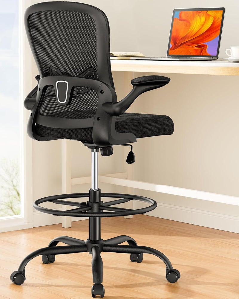ErGear ErGear Drafting Chair Standing Desk Chair with FlipUp Armrests High Desk Chair Adjustable Height Ergonomic Tall Office Chair with Lumbar Support and Adjustable Footrest Ring