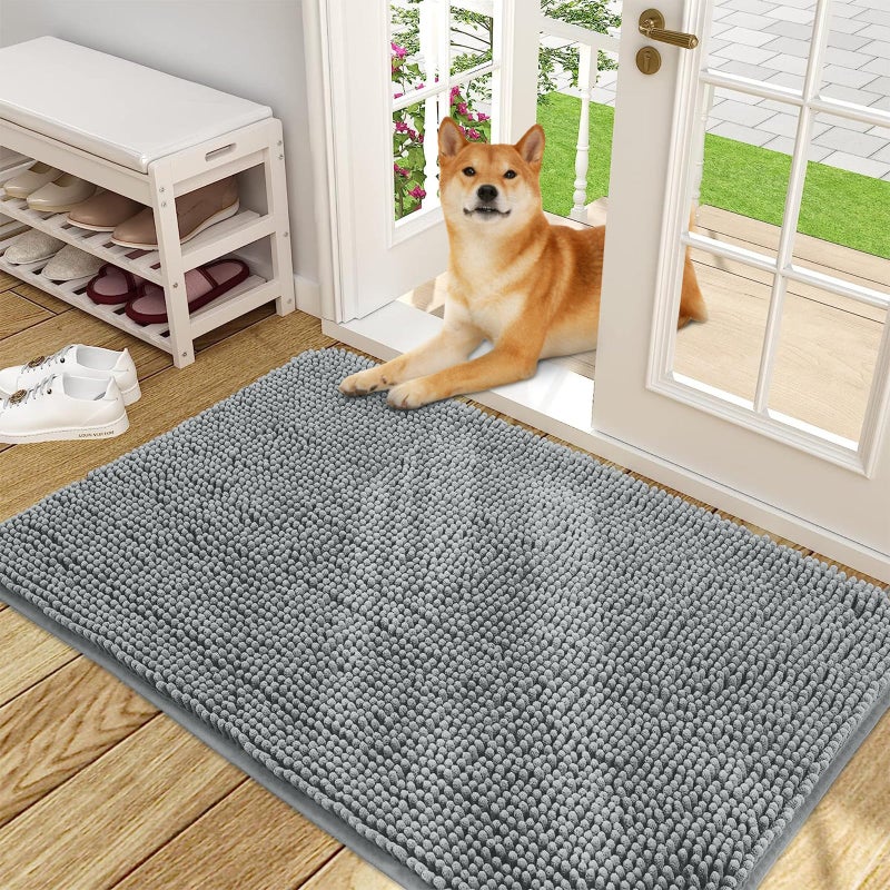 OLANLY Dog Door Mat for Muddy Paws 48x30 Absorbs Moisture and Dirt Absorbent NonSlip Washable Doormat Quick Dry Chenille Mud Mat for Dogs Entry Indoor Entryway Carpet for Inside Floor Grey